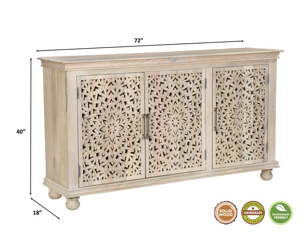72" White Solid Wood Carved Floral Sideboard With Three Doors HomeRoots
