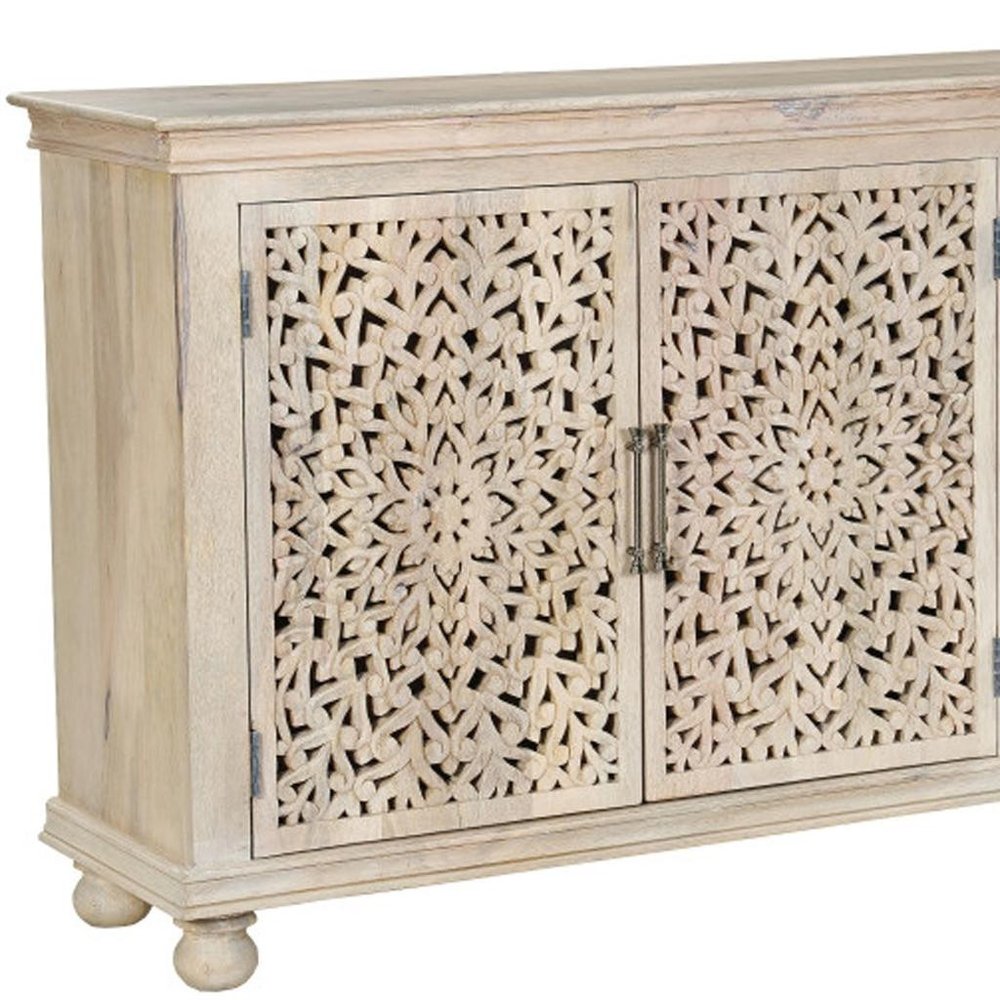 72" White Solid Wood Carved Floral Sideboard With Three Doors HomeRoots