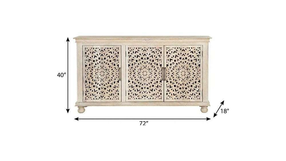 72" White Solid Wood Carved Floral Sideboard With Three Doors HomeRoots