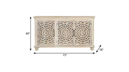 72" White Solid Wood Carved Floral Sideboard With Three Doors HomeRoots