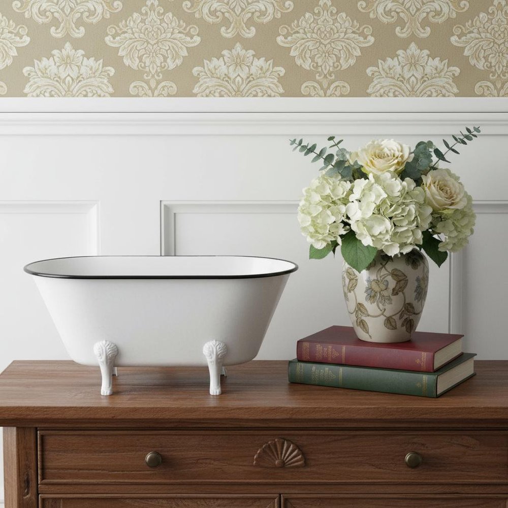 9" White White And Black Metal Hand Painted Decorative Tub HomeRoots