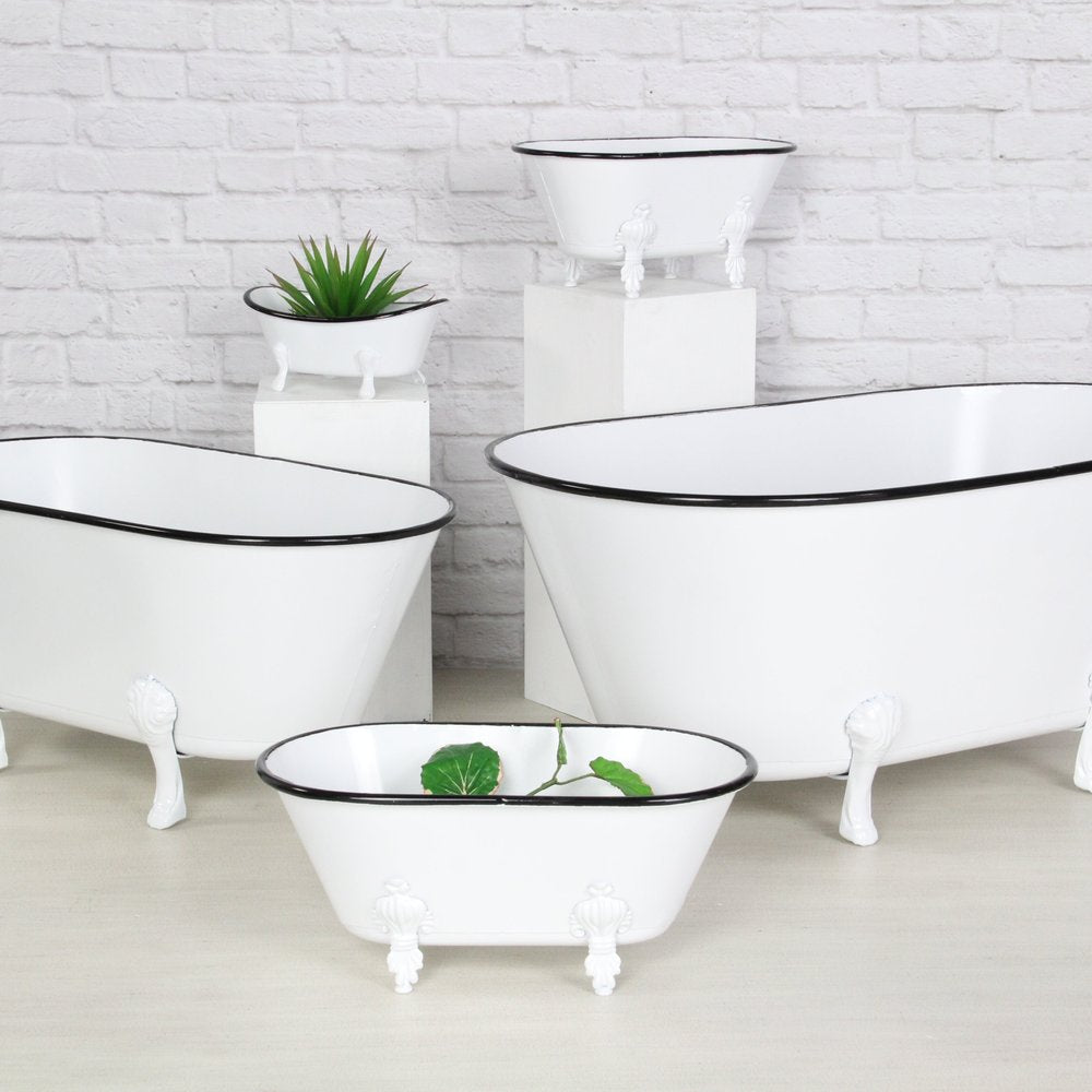 9" White White And Black Metal Hand Painted Decorative Tub HomeRoots