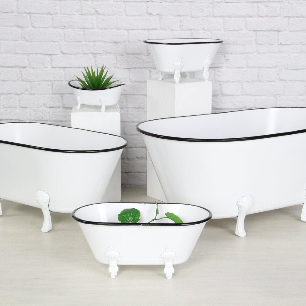 9" White White And Black Metal Hand Painted Decorative Tub HomeRoots