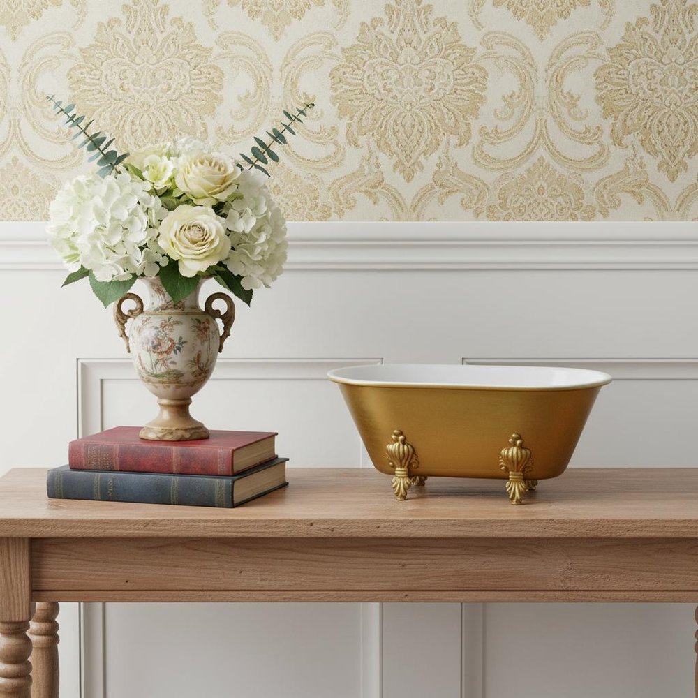 12" Gold And White Metal Hand Painted Decorative Tub HomeRoots