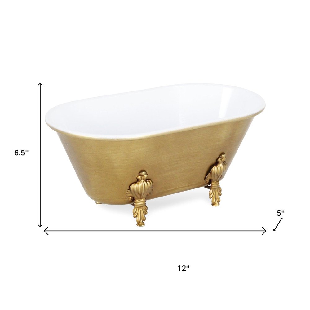 12" Gold And White Metal Hand Painted Decorative Tub HomeRoots