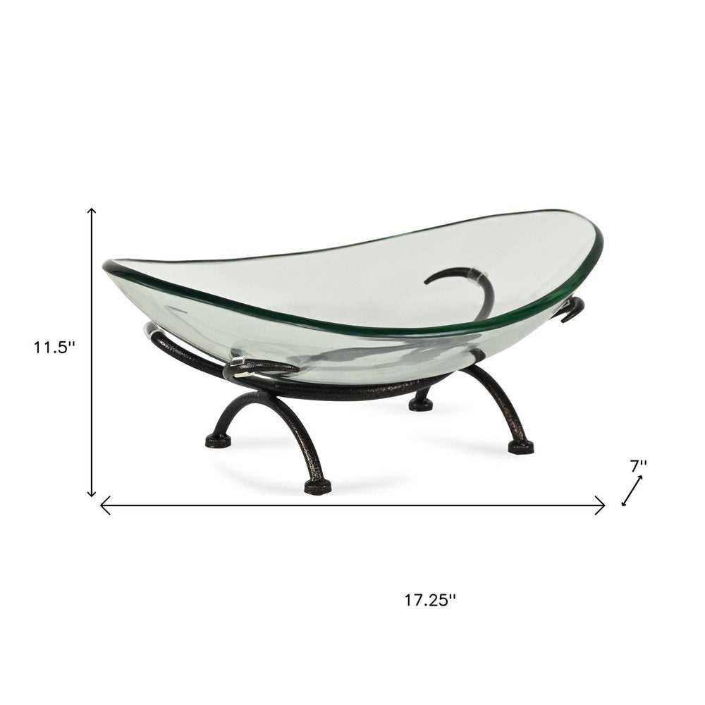 17" Clear And Black Glass And Metal Oval Decorative Bowl With Stand HomeRoots