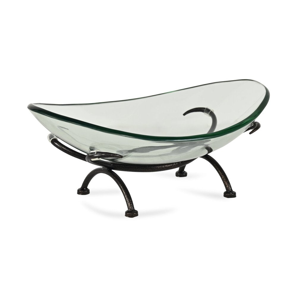 17" Clear And Black Glass And Metal Oval Decorative Bowl With Stand HomeRoots