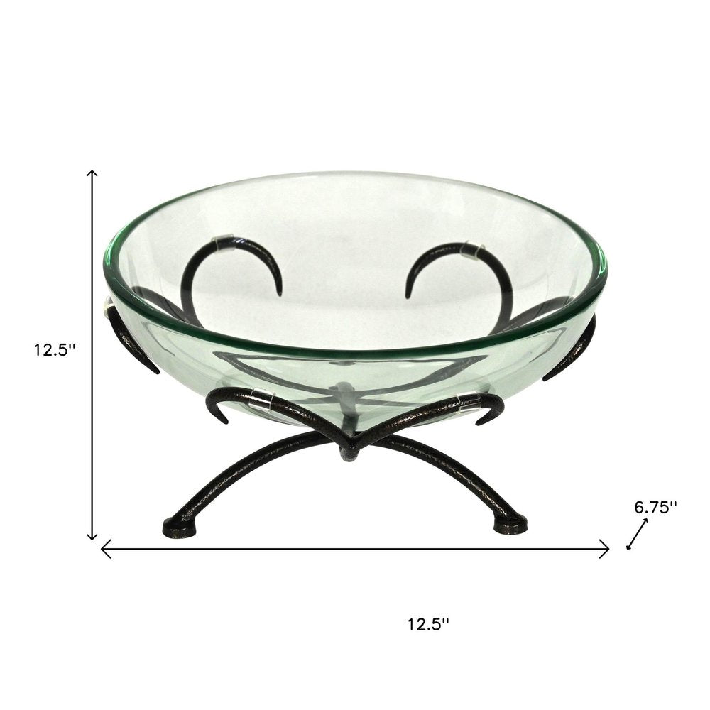 13" Clear And Black Glass And Metal Round Decorative Bowl With Stand HomeRoots