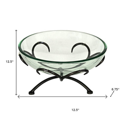 13" Clear And Black Glass And Metal Round Decorative Bowl With Stand HomeRoots
