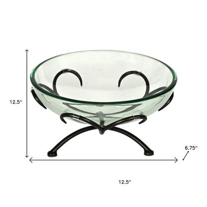13" Clear And Black Glass And Metal Round Decorative Bowl With Stand