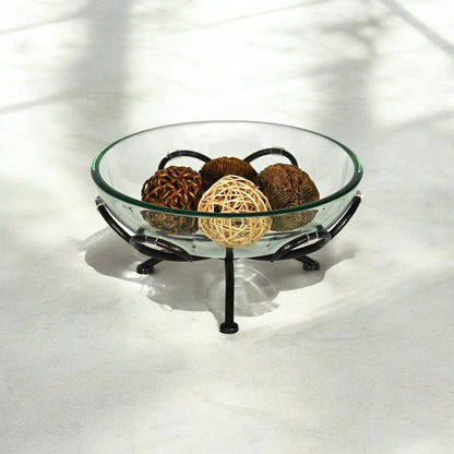 13" Clear And Black Glass And Metal Round Decorative Bowl With Stand