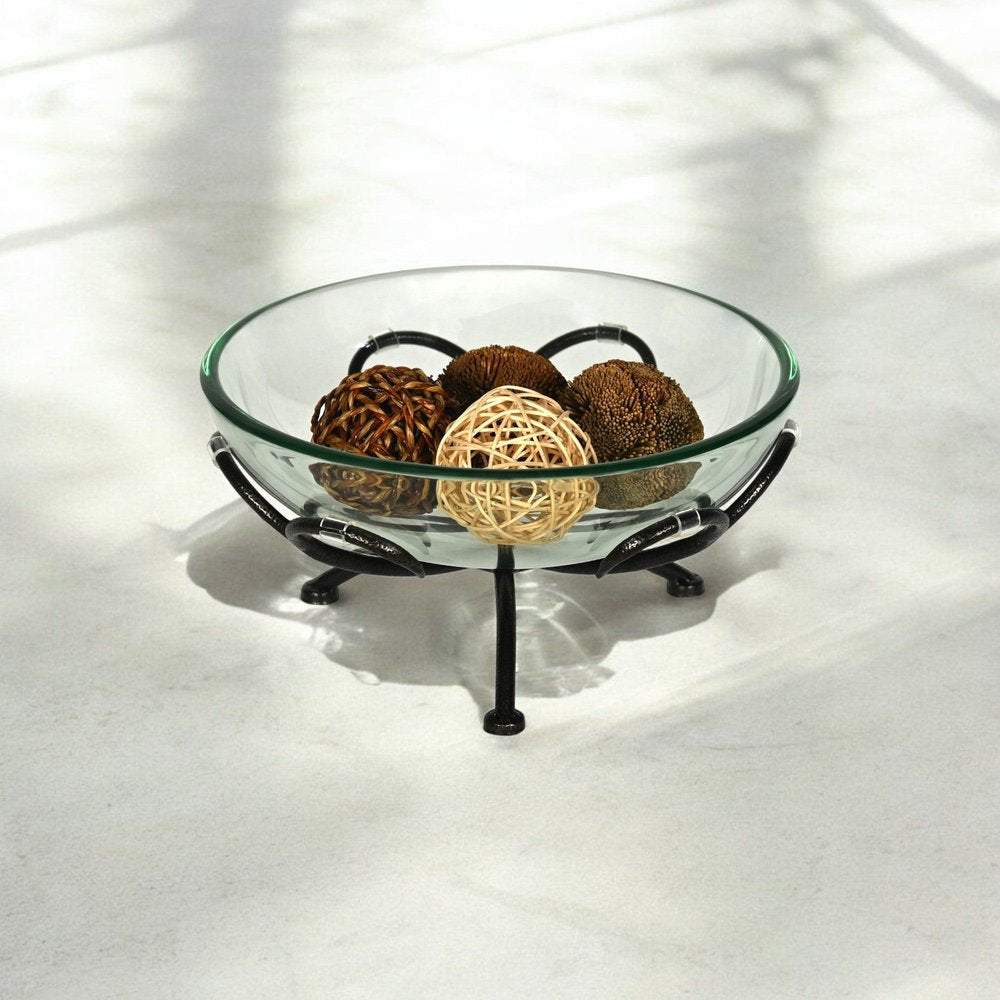 13" Clear And Black Glass And Metal Round Decorative Bowl With Stand HomeRoots