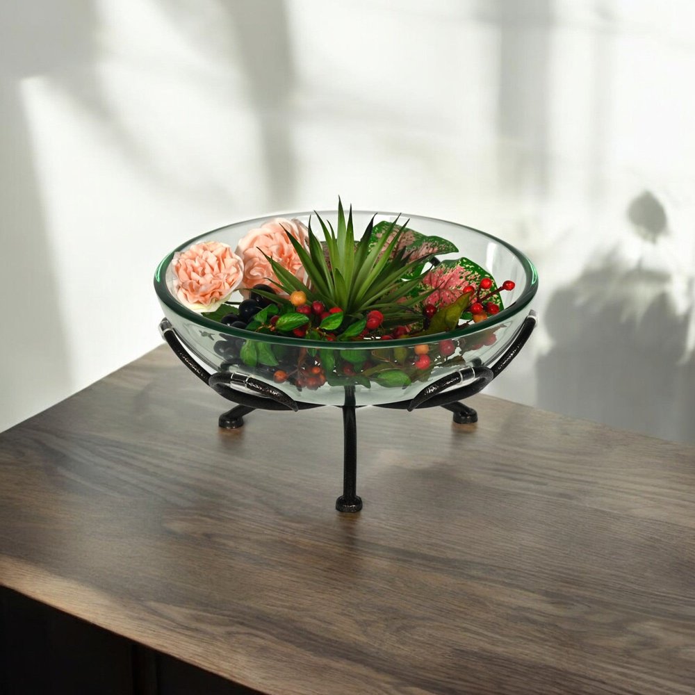 13" Clear And Black Glass And Metal Round Decorative Bowl With Stand HomeRoots