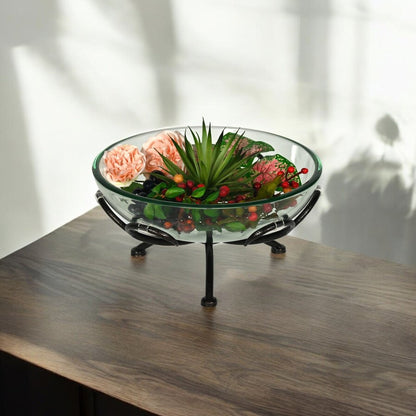 13" Clear And Black Glass And Metal Round Decorative Bowl With Stand HomeRoots