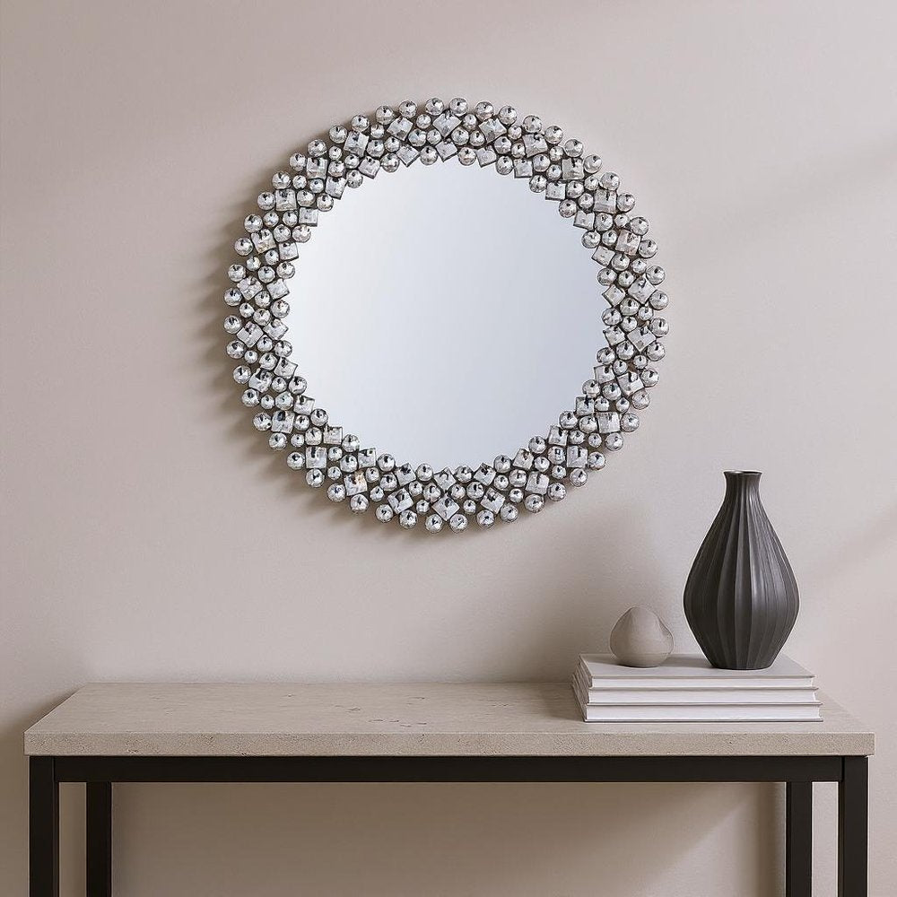 26" Silver Round Faux Crystal Bling Framed Accent Mirror HomeRoots