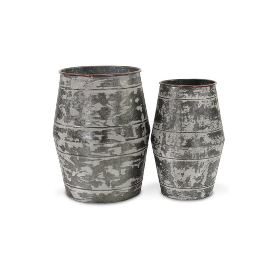 Set of Two Gray Galvanized Metal Cylinder Floor Vases