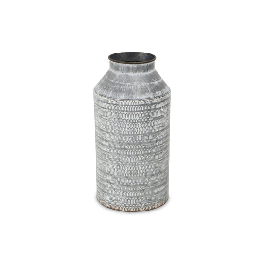 13" Gray Galvanized Metal Geometric Patterned Jug Vase