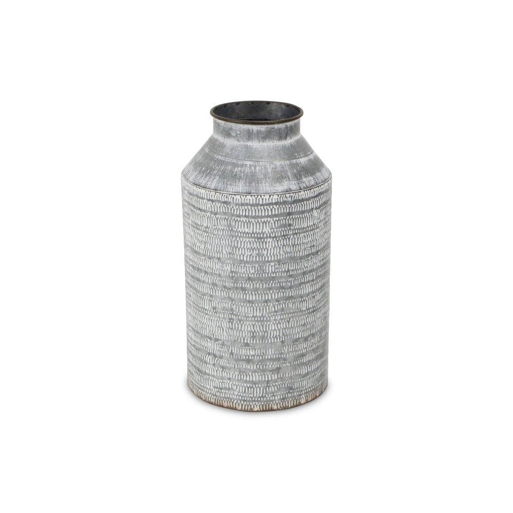 13" Gray Galvanized Metal Geometric Patterned Jug Vase — view 1
