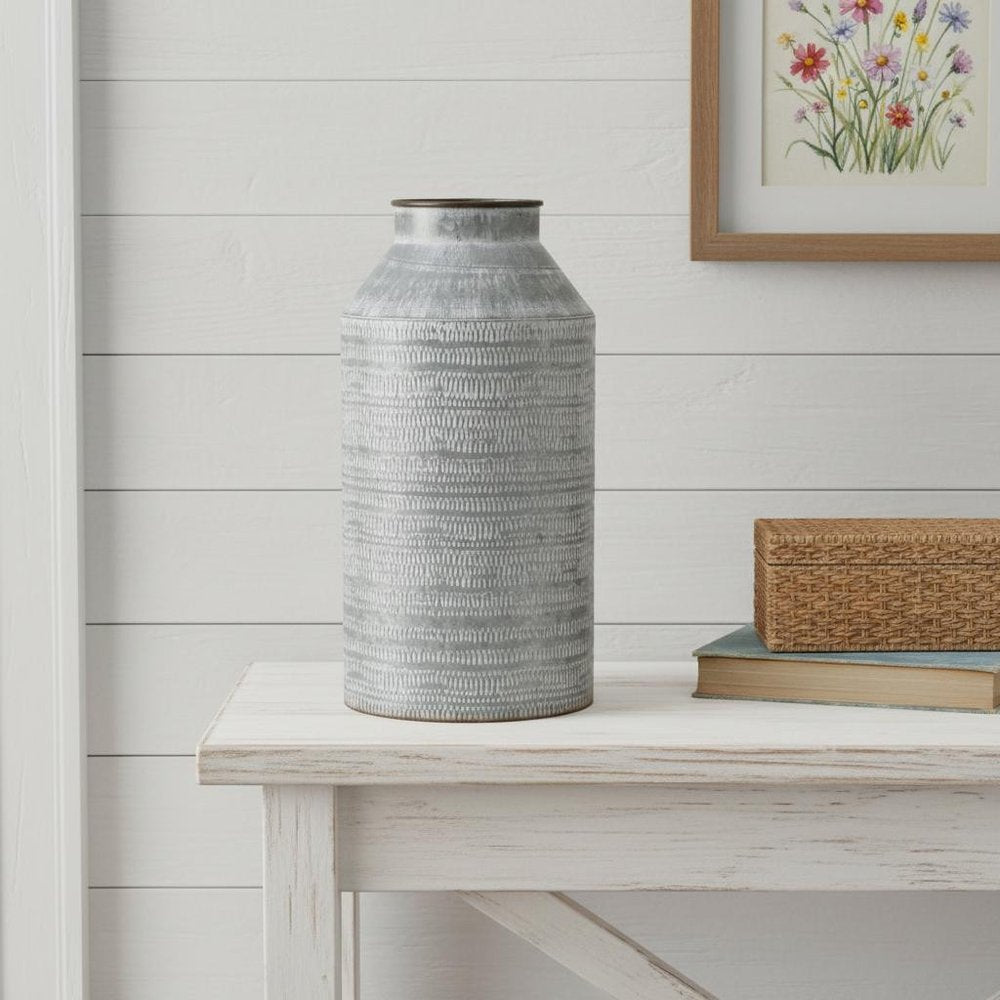 13" Gray Galvanized Metal Geometric Patterned Jug Vase — view 6