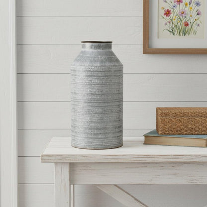 13" Gray Galvanized Metal Geometric Patterned Jug Vase HomeRoots