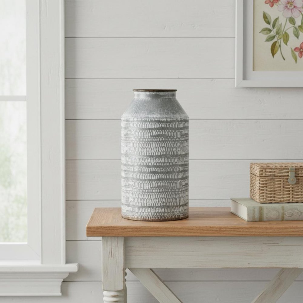 10" Gray Galvanized Metal Geometric Patterned Jug Vase HomeRoots