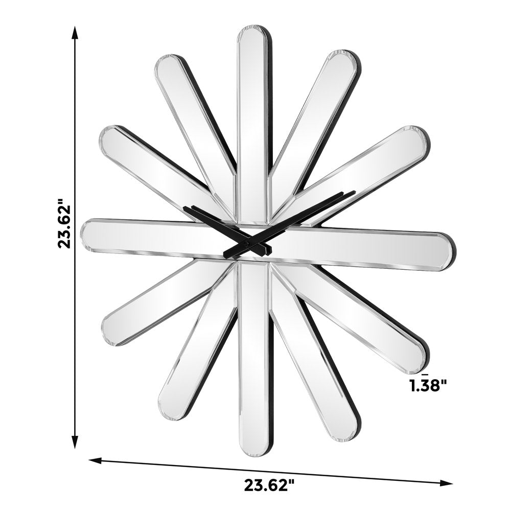 26" Silver Mirrored Glass Silent Analog Starburst Wall Clock HomeRoots