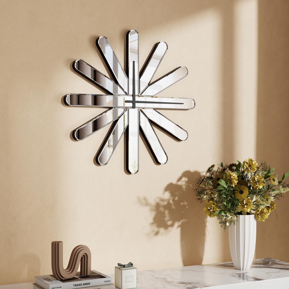 26" Silver Mirrored Glass Silent Analog Starburst Wall Clock HomeRoots