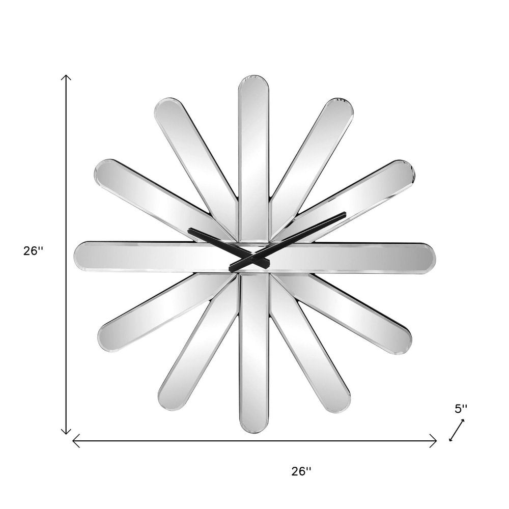26" Silver Mirrored Glass Silent Analog Starburst Wall Clock HomeRoots