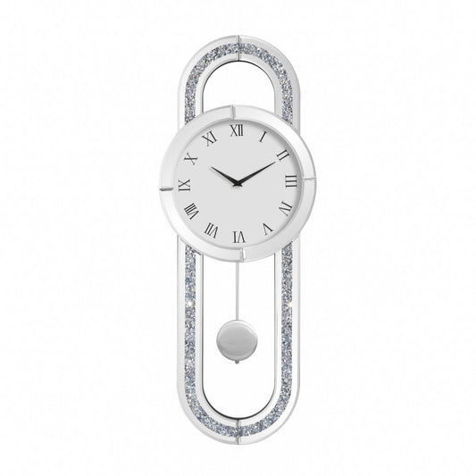 15" Silver Faux Crystal And Mirrored Glass Silent Analog Oval Wall Clock HomeRoots