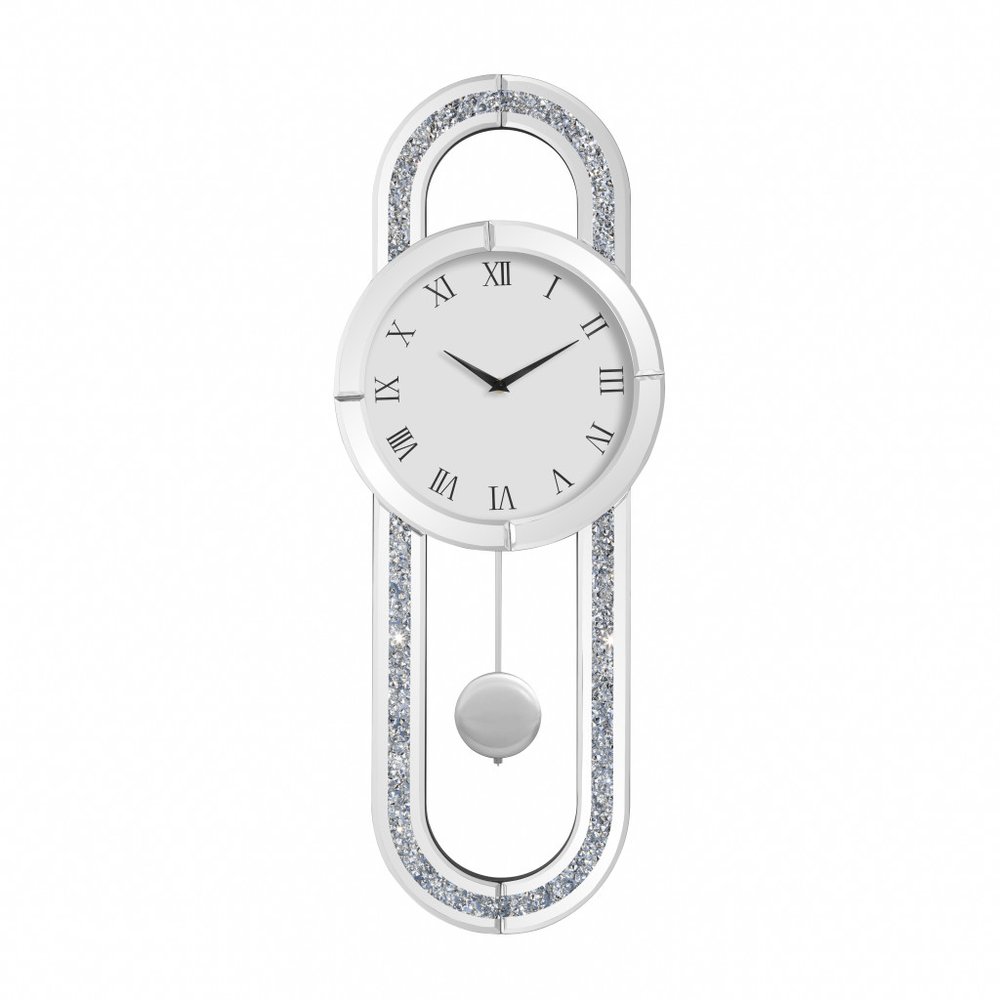 15" Silver Faux Crystal And Mirrored Glass Silent Analog Oval Wall Clock HomeRoots