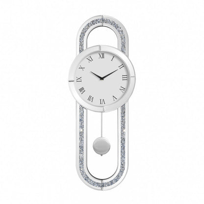15" Silver Faux Crystal And Mirrored Glass Silent Analog Oval Wall Clock HomeRoots