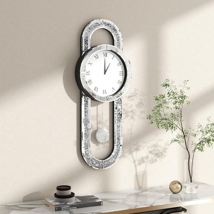 15" Silver Faux Crystal And Mirrored Glass Silent Analog Oval Wall Clock HomeRoots