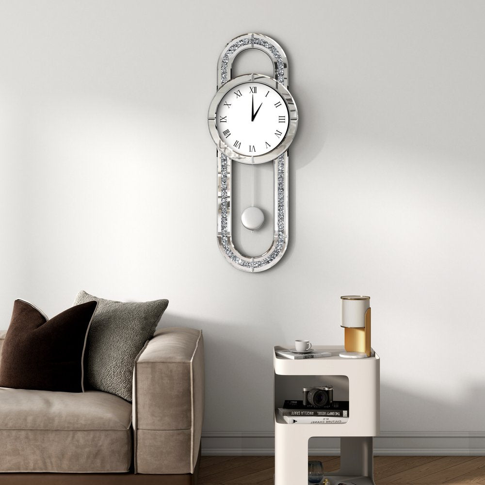 15" Silver Faux Crystal And Mirrored Glass Silent Analog Oval Wall Clock HomeRoots