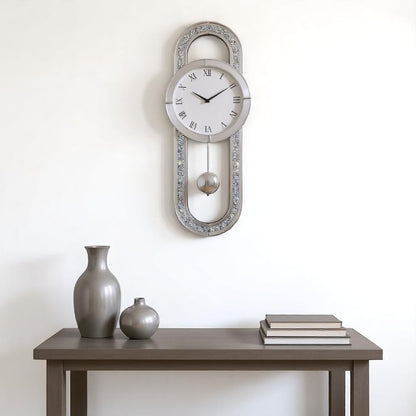 15" Silver Faux Crystal And Mirrored Glass Silent Analog Oval Wall Clock HomeRoots