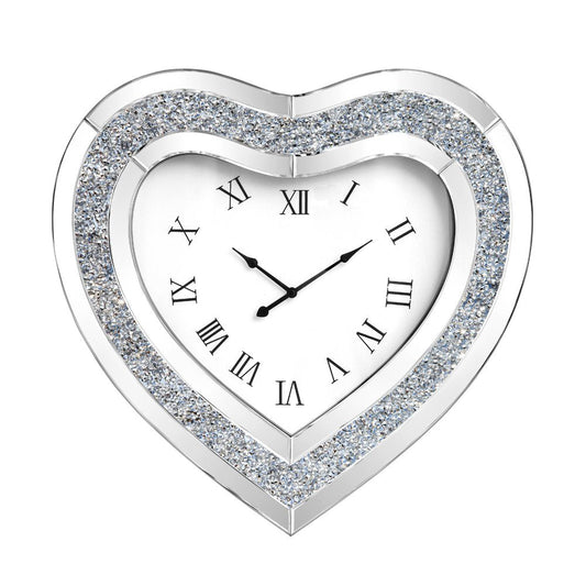 27" Silver Faux Crystal And Mirrored Glass Silent Analog Heart Wall Clock HomeRoots