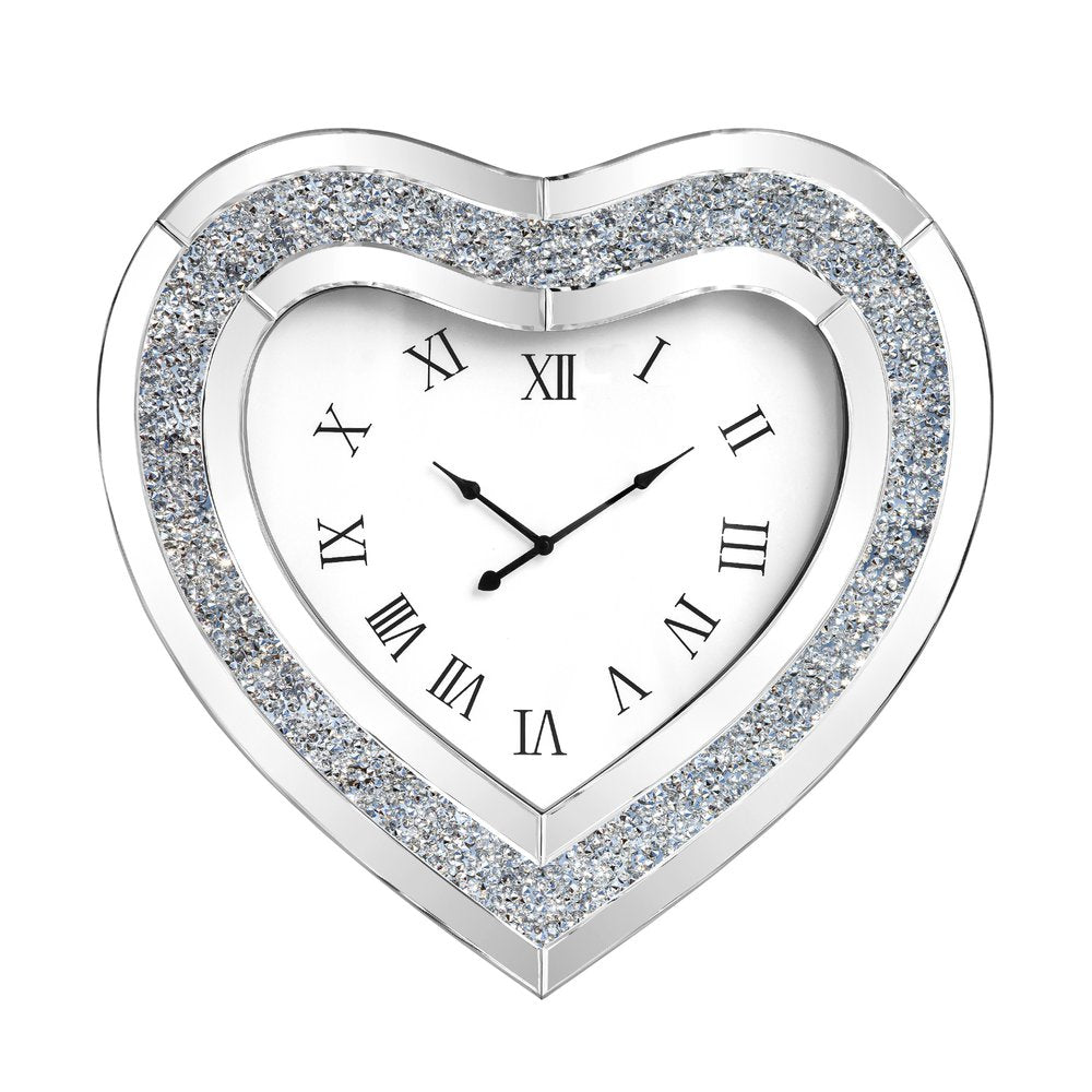 27" Silver Faux Crystal And Mirrored Glass Silent Analog Heart Wall Clock HomeRoots