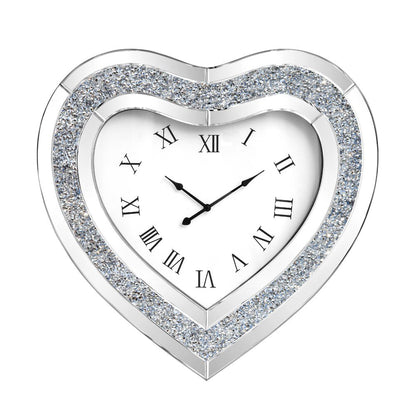 27" Silver Faux Crystal And Mirrored Glass Silent Analog Heart Wall Clock HomeRoots