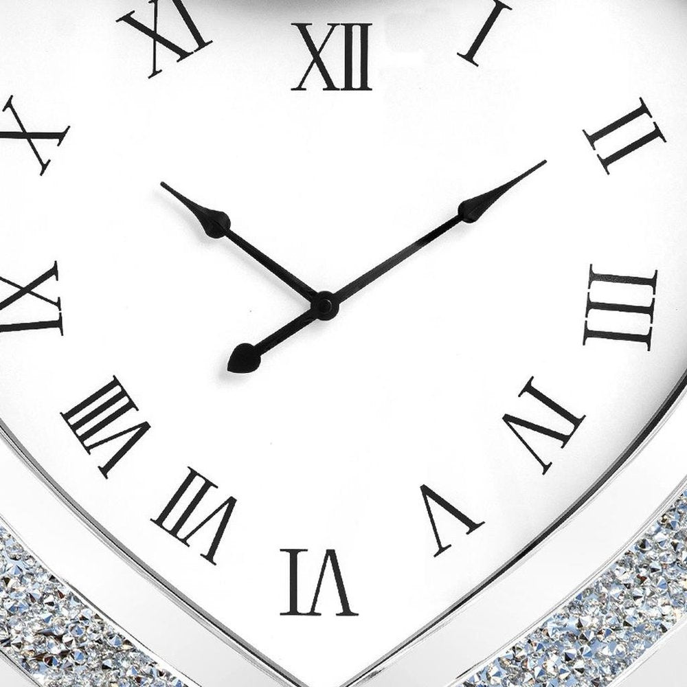 27" Silver Faux Crystal And Mirrored Glass Silent Analog Heart Wall Clock HomeRoots