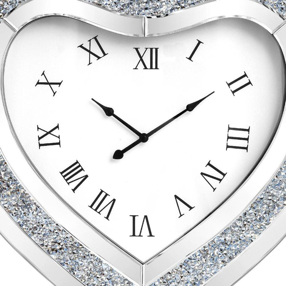 27" Silver Faux Crystal And Mirrored Glass Silent Analog Heart Wall Clock HomeRoots