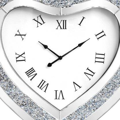 27" Silver Faux Crystal And Mirrored Glass Silent Analog Heart Wall Clock HomeRoots