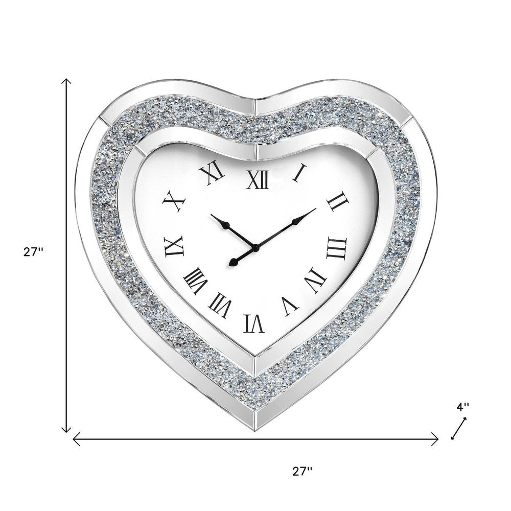 27" Silver Faux Crystal And Mirrored Glass Silent Analog Heart Wall Clock HomeRoots