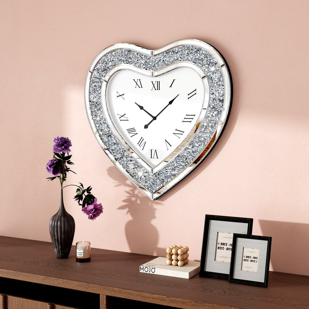 27" Silver Faux Crystal And Mirrored Glass Silent Analog Heart Wall Clock HomeRoots