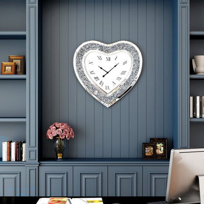 27" Silver Faux Crystal And Mirrored Glass Silent Analog Heart Wall Clock HomeRoots
