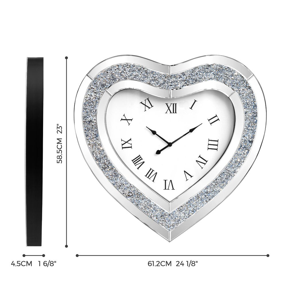 27" Silver Faux Crystal And Mirrored Glass Silent Analog Heart Wall Clock HomeRoots