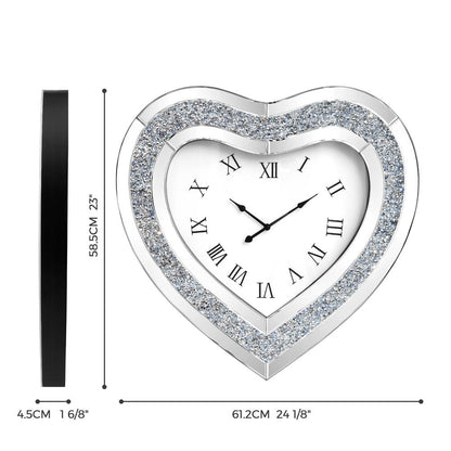 27" Silver Faux Crystal And Mirrored Glass Silent Analog Heart Wall Clock HomeRoots