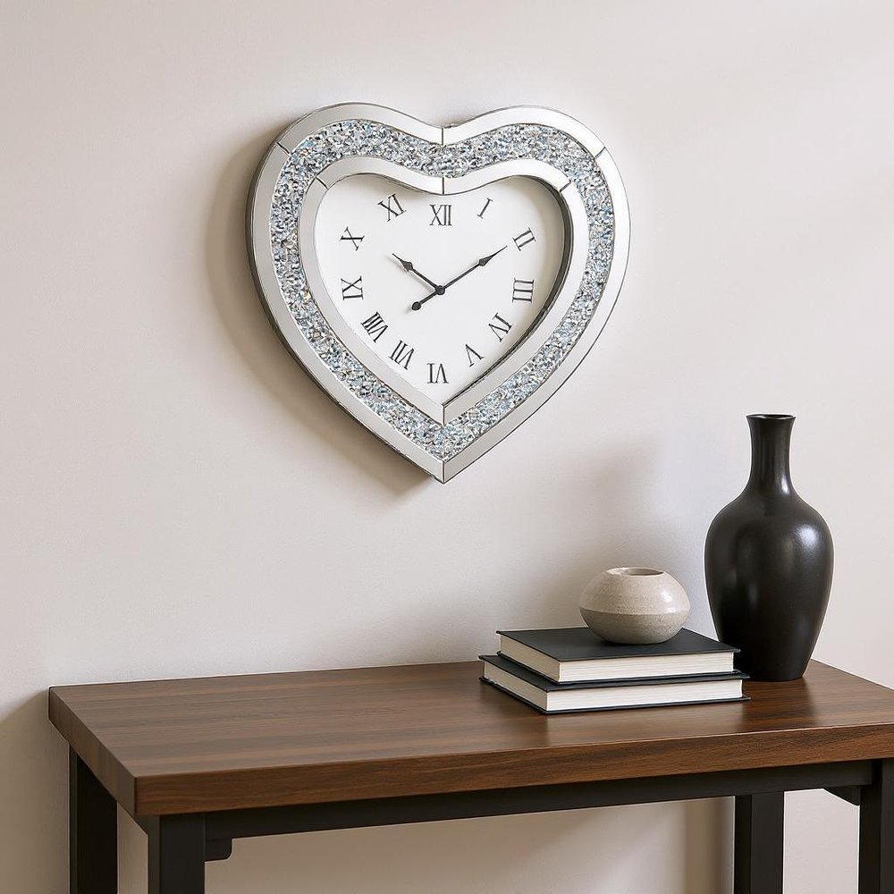 27" Silver Faux Crystal And Mirrored Glass Silent Analog Heart Wall Clock HomeRoots