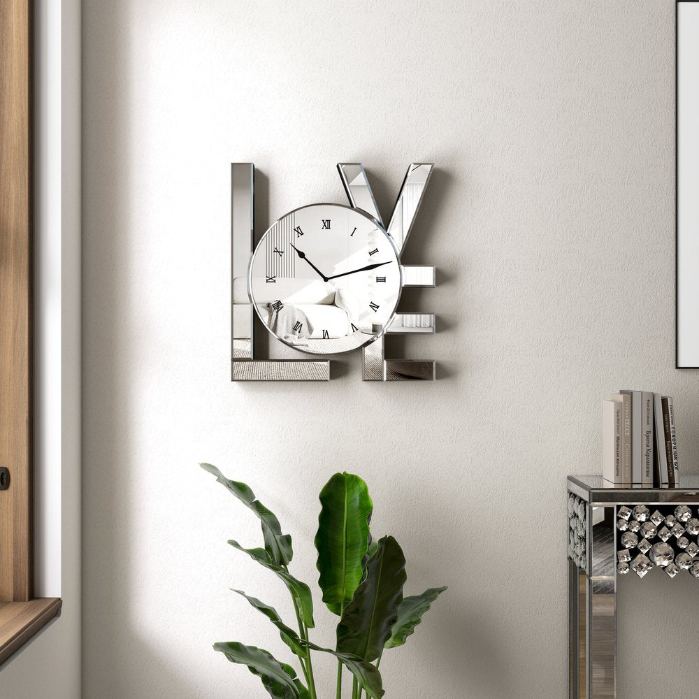 11" Silver Mirrored Glass Love Wall Clock HomeRoots