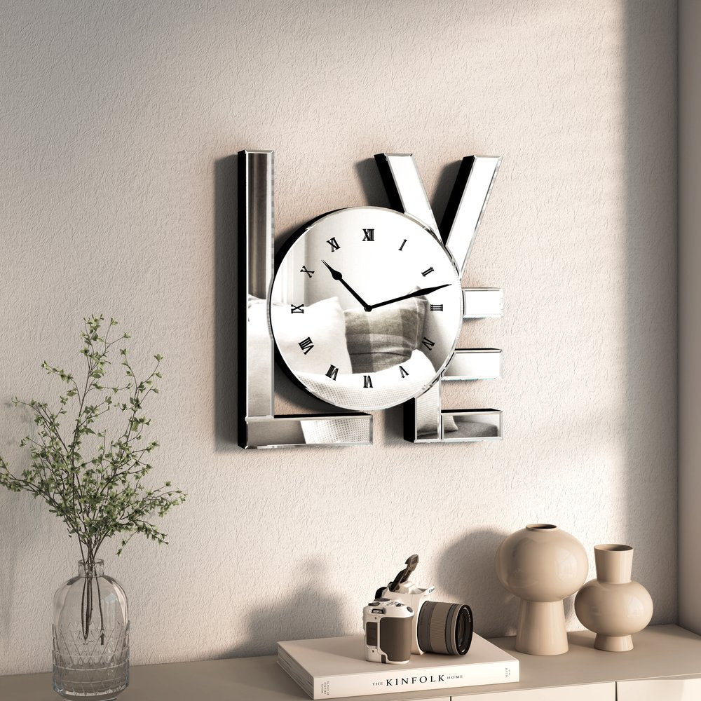11" Silver Mirrored Glass Love Wall Clock HomeRoots