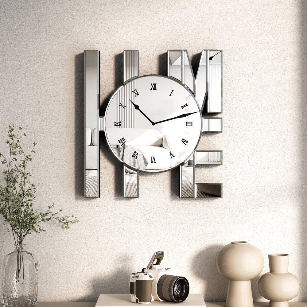 14" Silver Mirrored Glass Silent Analog Home Wall Clock HomeRoots
