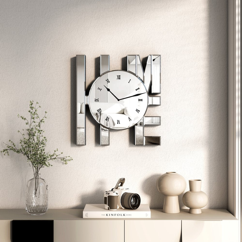 14" Silver Mirrored Glass Silent Analog Home Wall Clock HomeRoots
